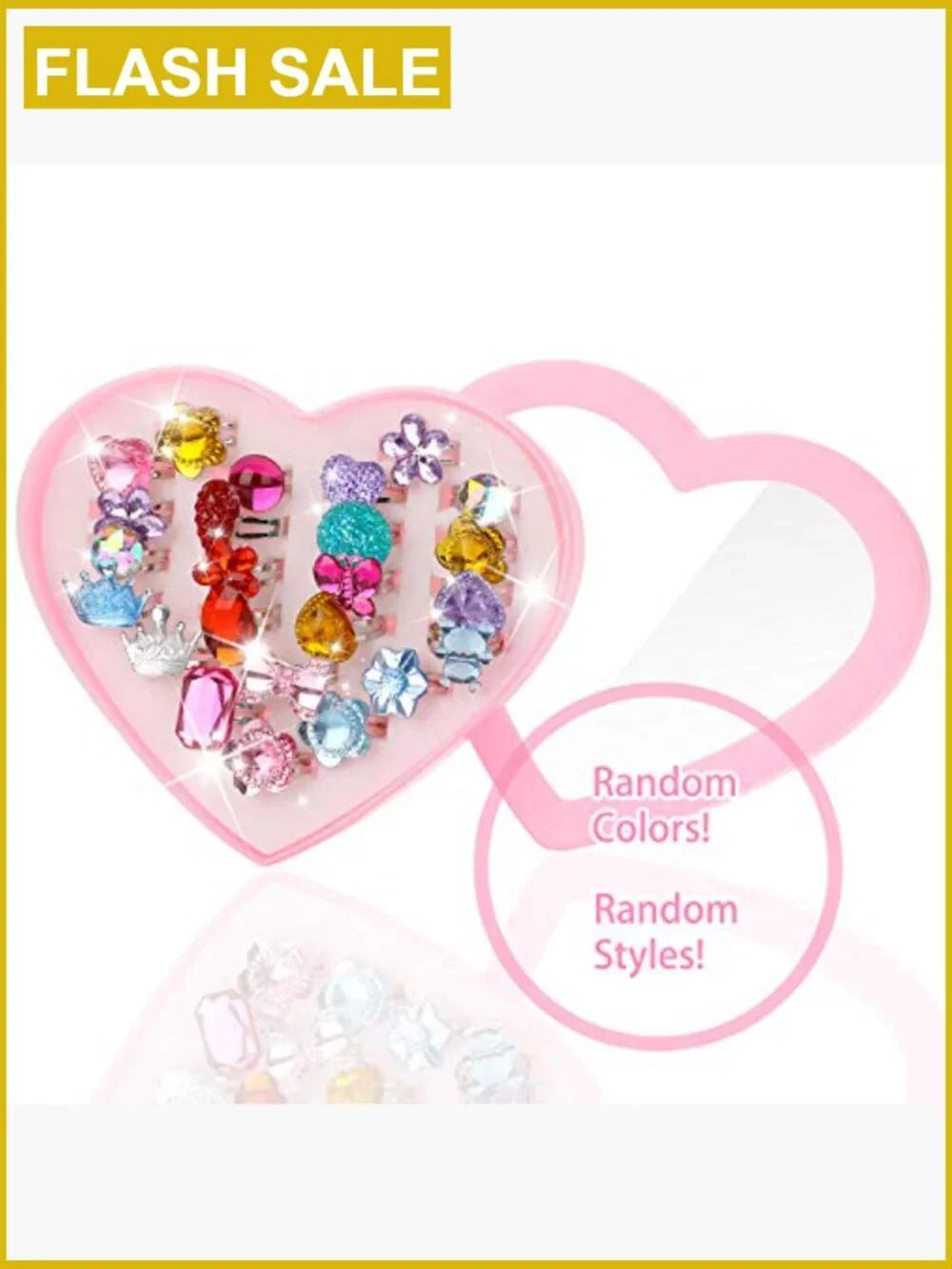 24 Pcs Adjustable Crystal Rings with Heart Box Dress Up Jewelry Girls Set